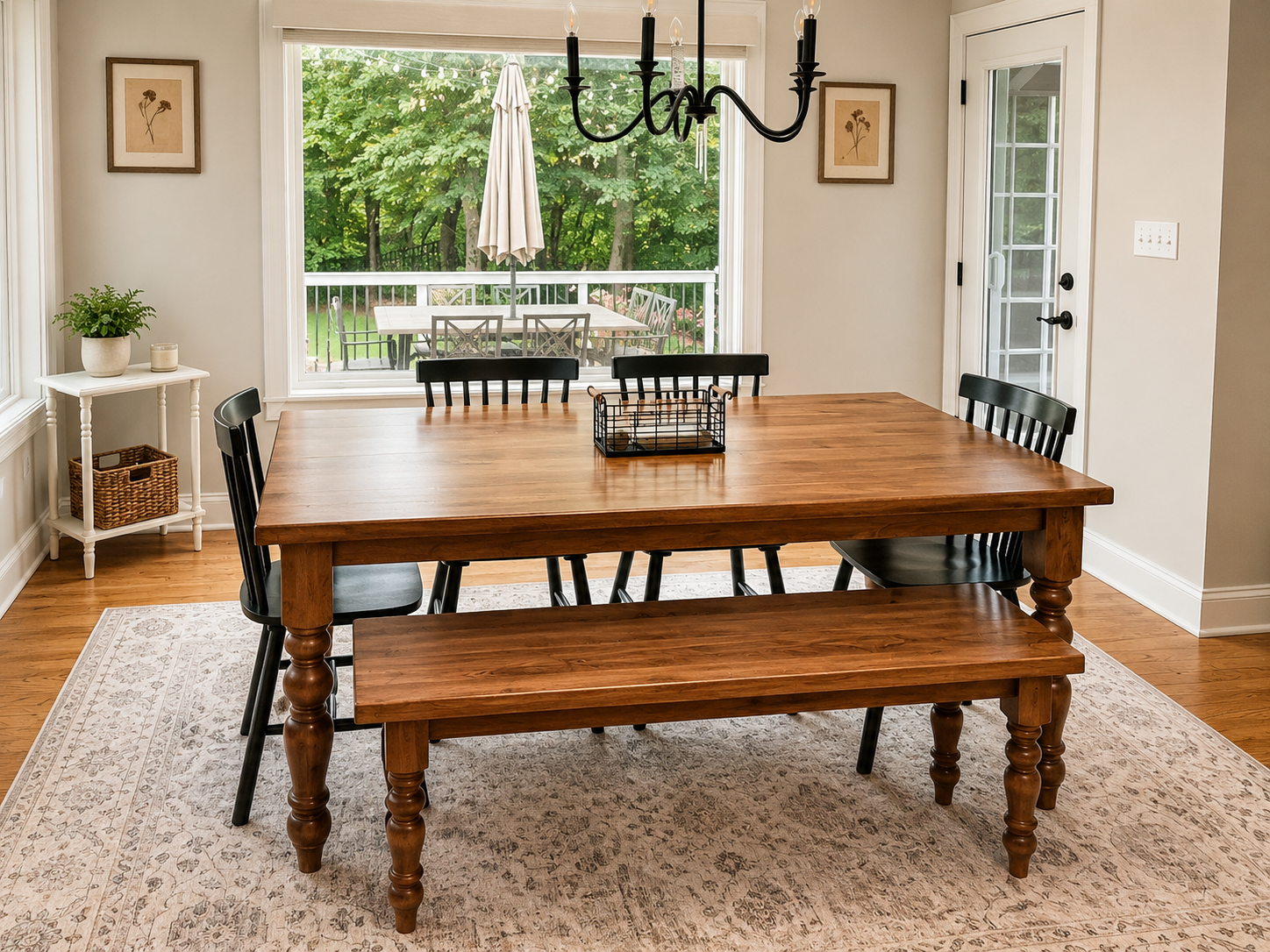 Custom dining table with matching wood bench in a bright dining room